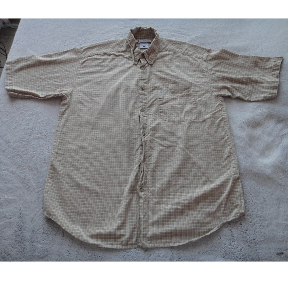 Columbia Sportswear Men's Large Tan White Micro Plaid Short Sleeve Button Shirt